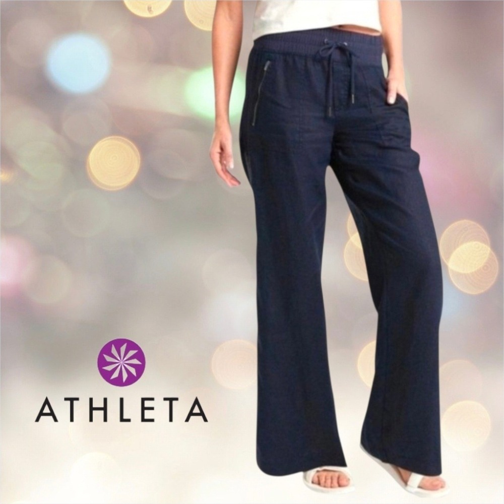 Athleta Cabo Linen Textured Wide Leg Pant Navy 4 x 30" Inseam